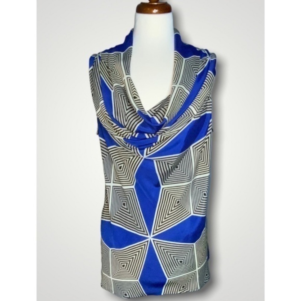 Sunny Leigh Sleeveless Blue & White Geo Print Cawl Neck Blouse XL